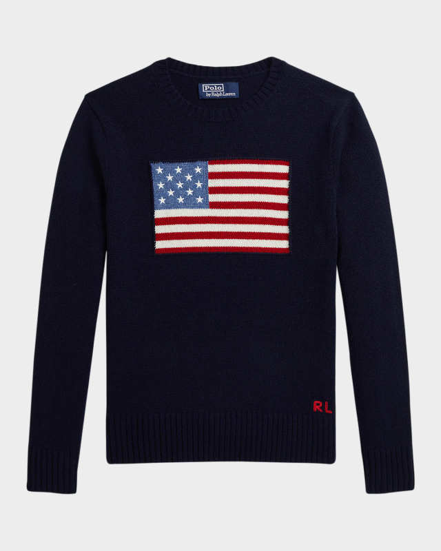 Boy's American Flag Cashmere Sweater, Size S-